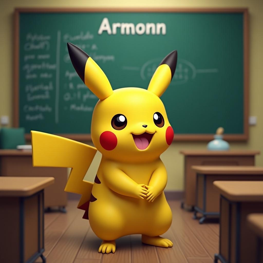 Pikachu in a cheerful classroom setting with the name Armonn written on the blackboard. Bright and colorful environment emphasizing education.