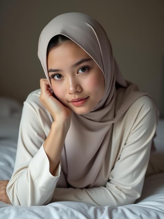 Portrait of a young woman wearing a hijab and pajamas, relaxed pose on a bed, soft lighting, showcasing natural beauty and elegance.
