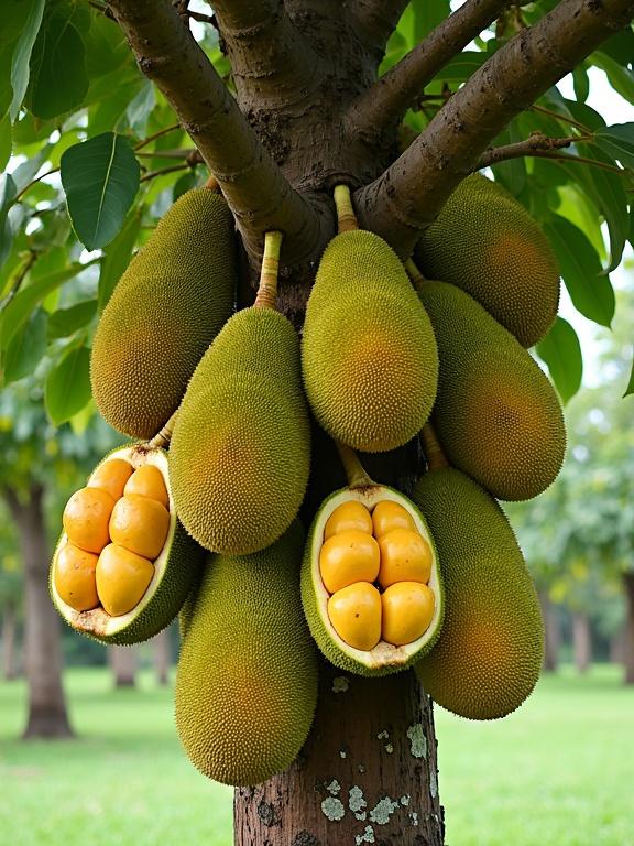 Jackfruit tree featuring large clusters of mature jackfruits. The fruits hang directly from the trunk and branches showcasing cauliflory. Thick, spiky green exterior surrounds bright golden-yellow flesh visible in opened fruits. The tree grows in a grassy orchard with glossy green leaves in the background.