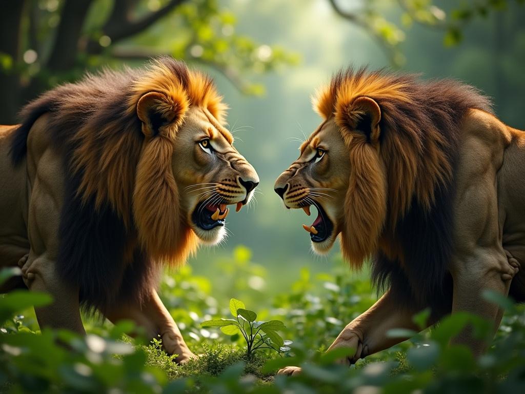 Two majestic lions are facing each other in a dense forest, their expressions fierce and determined. The sunlight filters through the trees, casting a soft glow around them which highlights their powerful muscles and the texture of their thick manes. Both lions appear to be in a standoff, displaying their teeth, ready to assert dominance. The background is filled with lush green foliage, creating a vibrant yet subdued atmosphere. This moment captures the raw beauty and intensity of nature as the lions engage in a territorial dispute.