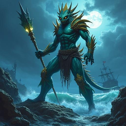 A tall Marisaurian warrior stands on a reef with iridescent turquoise scales. Their eyes are amber and they hold a corral spear. The scene is under stormy skies, with tidal waves and a sinking pirate ship in the background. Bioluminescence shines brightly around them. Shadows of merfolk can be seen. The atmosphere feels briny and dangerous.