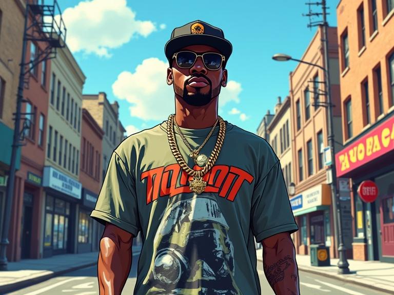 A Black male rapper stands in a vibrant urban street. He wears a graphic t-shirt and gold chains. The full view shows a bright city scene in the Grand Theft Auto art style. Colors are bold and outlines sharp. The atmosphere is lively during daylight.