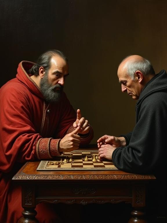 A detailed Baroque oil painting shows Machiavelli and Greene at a chess game. Machiavelli wears a crimson robe, smirking and gesturing. Greene in a dark robe concentrates on the board. The scene conveys strategy and power.