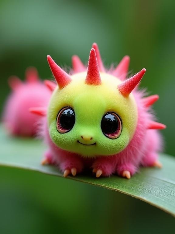 Adorable fuzzy fantasy caterpillar-like creature with a vibrant color palette. Small and plump shape with visible eyes and spikes. Sitting on a green leaf with another pink creature partially in view in a dreamy background.