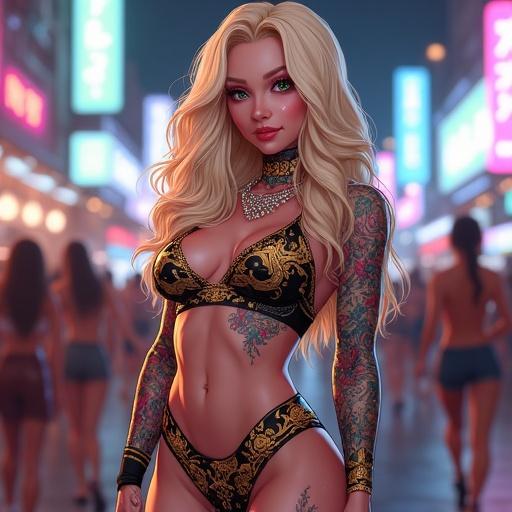Anime character stands confidently in a vibrant electric nightclub surrounded by people. Woman is 52 with emerald green eyes and oversized elegant light blonde hair. Dressed in a sexy edgy dress with traditional Japanese tattoos. Features include big breasts and muscular arms. Light pink lipstick and unique jewelry. The environment is colorful and bright.