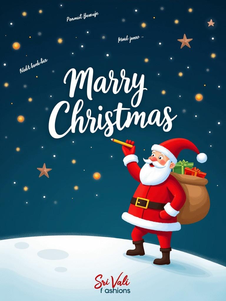 Santa Claus stands on a snowy hill. The sky is starry. Santa writes names with a pencil. He is dressed in red and white. A large sack of gifts is on his back. The text 'Marry Christmas From Sri Valli Fashions' is in whimsical font.