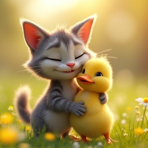 A grey tabby cat hugs a yellow duckling in a sunlit meadow. Both animals smile with eyes closed. The scene has soft lighting and spring flowers. It is peaceful and heartwarming. The style is ultra photorealistic. It has a 9:16 vertical format and a shallow depth of field, with a cinematic feel.
