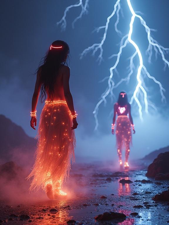Two glowing figures moving in the rain during a neon storm on an alien planet. One figure in tribal attire and another shimmering with translucent elements.