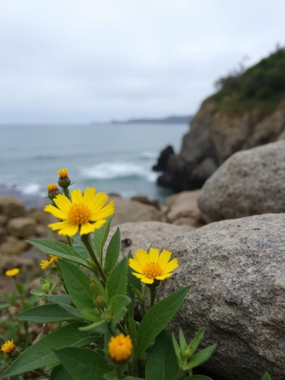 Photo of coastal rock formation with yellow wildflowers in foreground. Green leaves present among rocky textures. Ocean in background with waves. Overcast sky creates a soft, serene atmosphere. Close-up shot highlights details of rocks and flowers. Background slightly blurry. Outdoor natural light captures peaceful coastal scene.