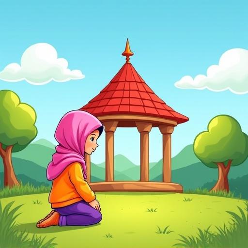 A cheerful cartoon scene depicting a young girl without facial features kneeling on green grass. She wears a pink headscarf, an orange top, and purple pants. In front of her stands a small wooden house with pillars and a red roof. The outdoor setting features trees, hills, and a blue sky with clouds. The style is vibrant and bold, suitable for a children's storybook.