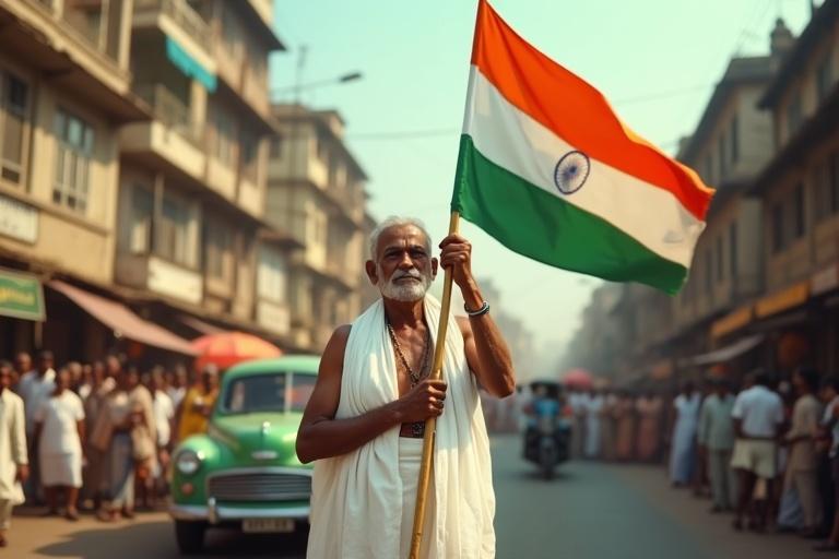 A historic scene depicting a man's pride in raising the Indian flag. The setting is a crowded street in Kolkata during the independence era. The man's attire includes a white dhoti and panjabi. The Indian tricolor flag is vividly displayed. The environment shows cheering people and vintage cars.