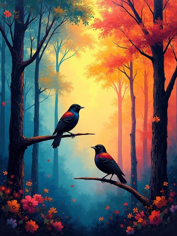 Birds in vivid colors perched on branches amidst a colorful forest. Decorative landscape in Fauvist style.