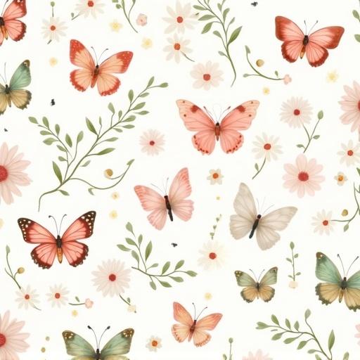 Seamless repeatable pattern. Vintage butterflies and soft daisies arranged evenly. Hand-painted watercolor style with dusty rose, mint green, and antique cream. Transparent background.