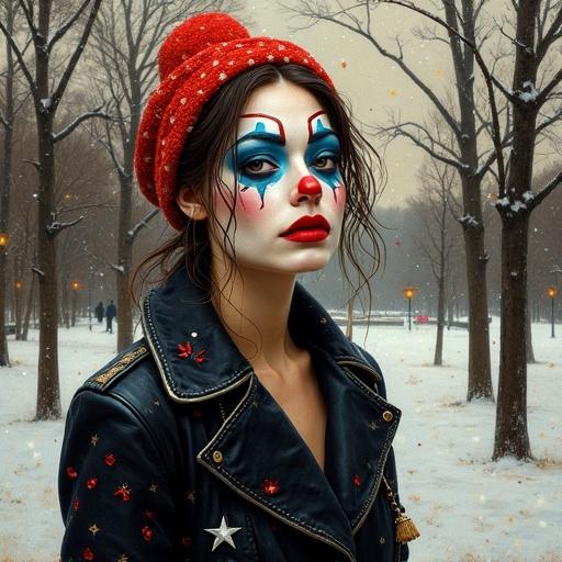 A woman dressed in stylish winter attire is captured in a snowy Boston Central Park. The image showcases deep reds contrasting with the winter white landscape. The winter ambiance radiates warmth inviting viewers to appreciate the textures. Inspired by artists like Thomas Eakins and René Magritte, the artwork evokes a soulful and contemplative mood typical of impressionism.