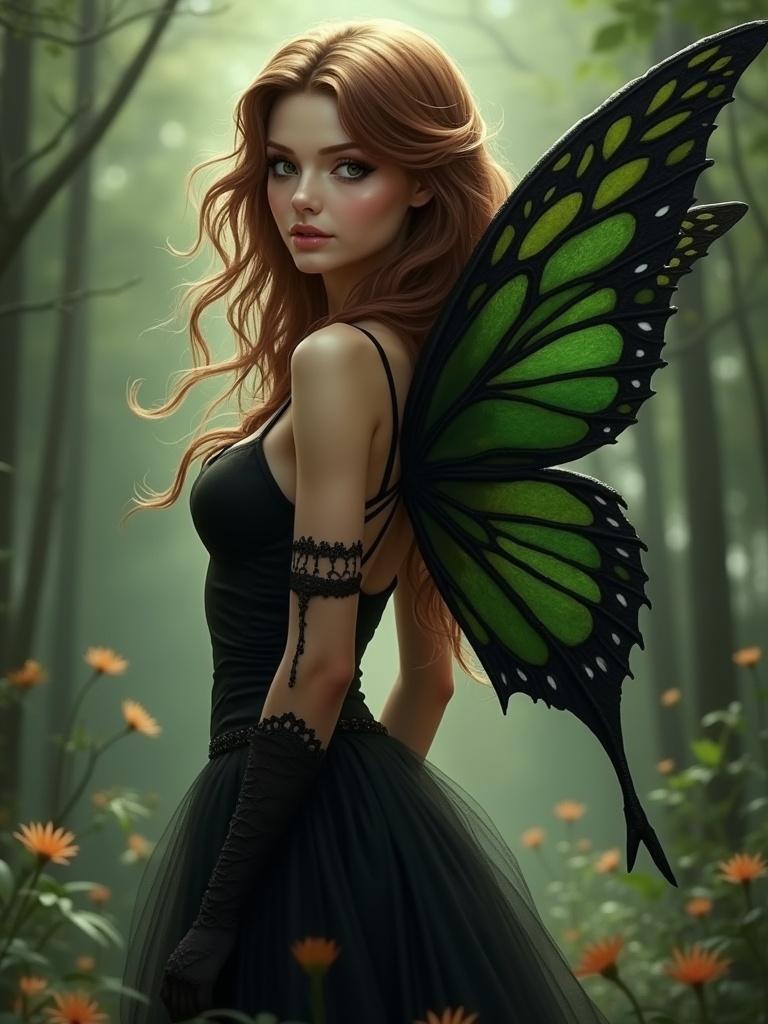 A fairy with brown hair and green wings stands in a forest. She wears black and flirty clothing. The wings have a hint of another color. The setting has an enchanting atmosphere with flowers.