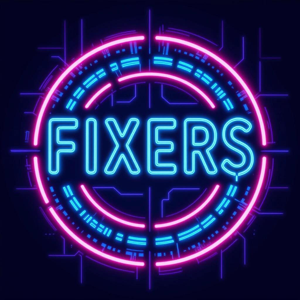 Round neon emblem features bright colors. The text reads 'FIXERS' in an eye-catching design. Emblem displays cyberpunk art style with futuristic elements.
