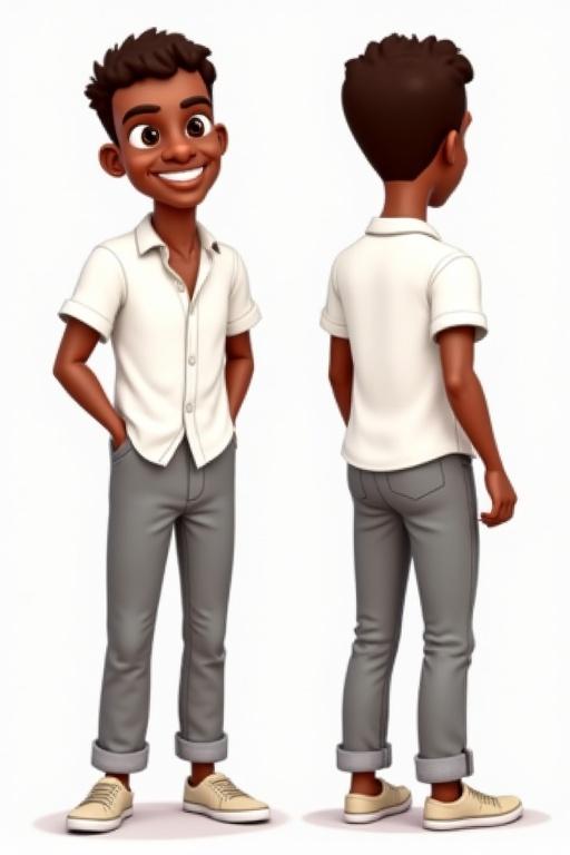 Stylized 3D male character in a T-pose. Shows front and side views of the character. Character features brown hair and eyes. Dressed in a white shirt and gray linen pants. Appears in mid-30s age range. Embodies typical Lagos Nigerian street style.