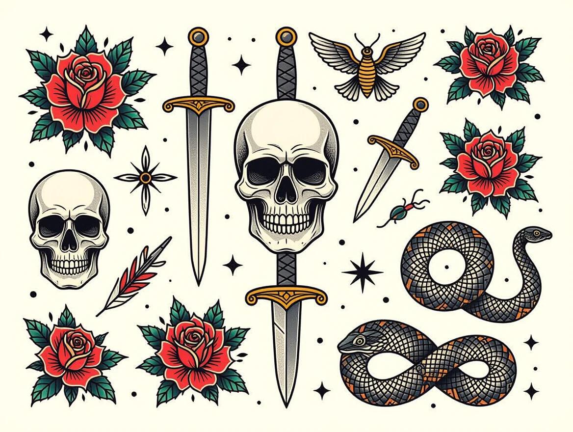 Collection of traditional and neo-traditional tattoo designs. Features tattoos of skulls roses daggers and snakes. Arranged on a clean white sheet. Bold outlines and fine black ink detailing. Highly detailed sharp linework and crisp shadows.