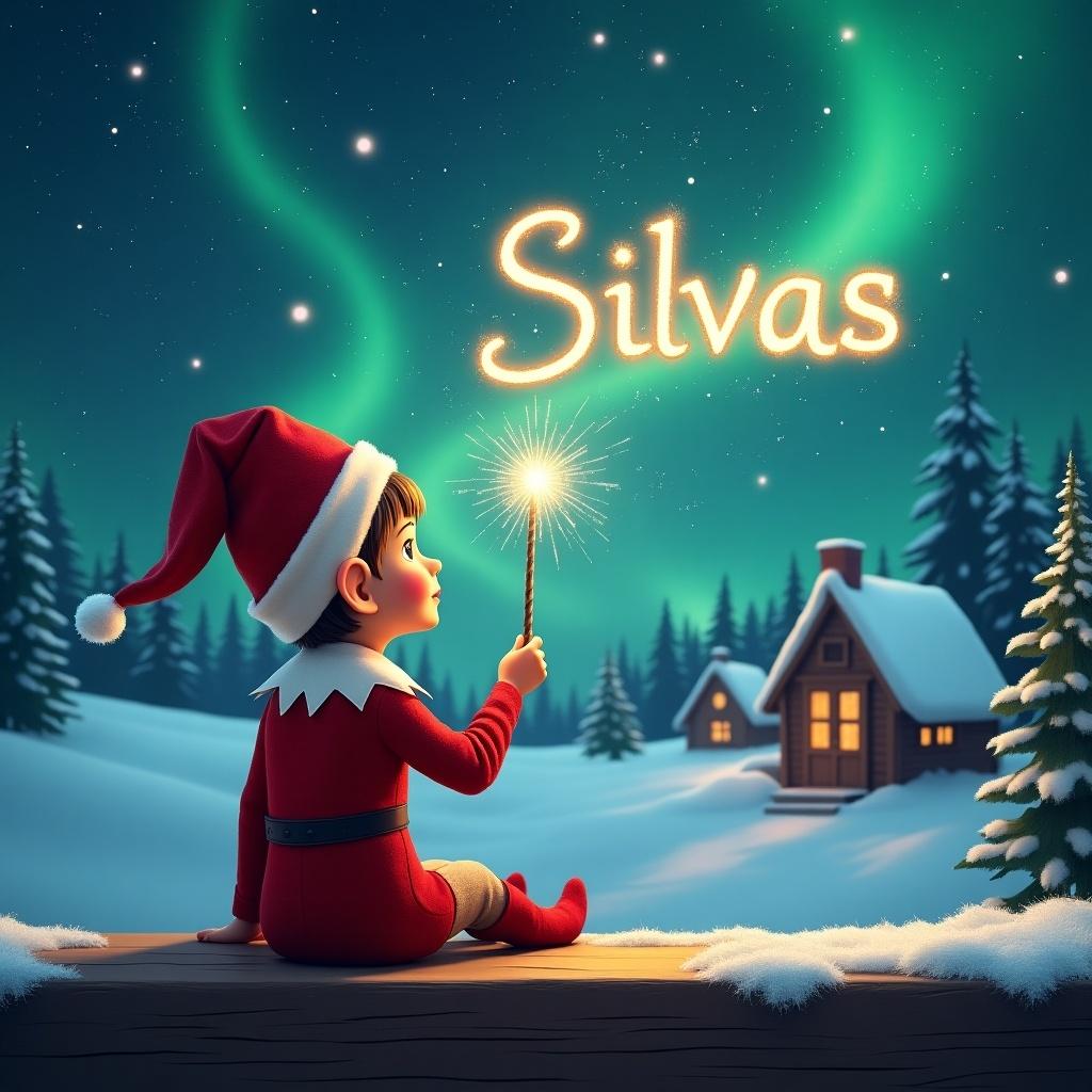 An elf sits on a wooden ledge with its back to the camera, gazing at a magical sky. The elf, dressed in a red outfit with a pointed hat, holds a sparkling wand. With the wand, the elf elegantly writes the name 'Silvas' in the starry sky. The background features a snowy landscape with charming little houses and evergreen trees under the shimmering Northern Lights. This whimsical scene captures the essence of childhood magic and Christmas cheer.