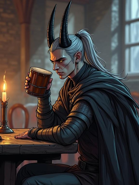Comic-book-style digital illustration. Full-length portrait of a tall male tiefling with ash-gray skin and amber eyes. Long silver hair tied in a ponytail. Sleek black curved horns arching backward. Two thin scars on cheekbones. Wearing plate pants and leather boots. Sitting in an inn and drinking from a wooden mug. Non-photorealistic style with soft shading and detailed textures.