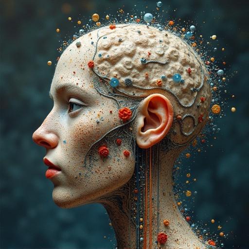 Intricate illustration of a head with biological and artistic elements. Design features neurons, particles, and textures. Focus on consciousness and cognition themes.