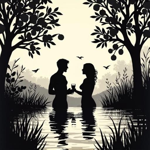 Minimalist black and white cut paper silhouette of a couple in love. They are taking an aperitif in a garden pond. Sunlight creates a warm golden glow. The couple holds shot glasses at chest level. In the background, there are apple trees with ripe apples. Birds are flying and cooing. Grass and wildflowers surround the scene.