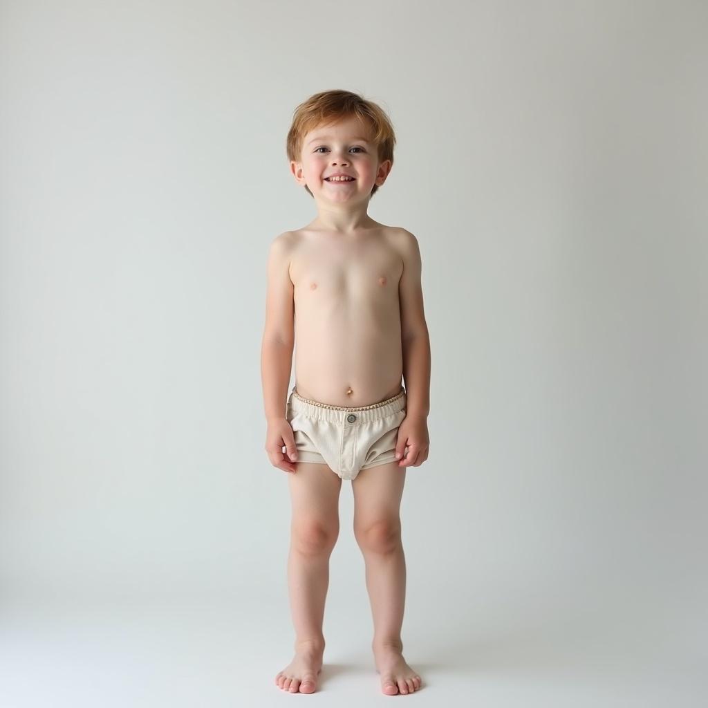 A boy with ivory skin standing barefoot against a light gray background. He is wearing minimal clothing with a natural smile. The lighting is soft and the pose is relaxed. The style is minimalistic and focuses on the boy.