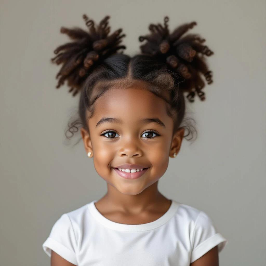 Image of a young girl with curly hair styled in two pigtails. She wears a plain white t-shirt. The background is neutral and focuses on the subject.