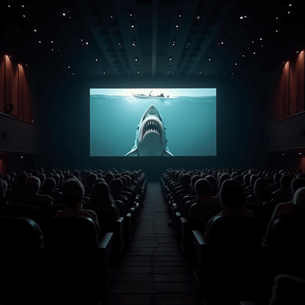 A packed movie theater audience watching a shark film on a large screen.