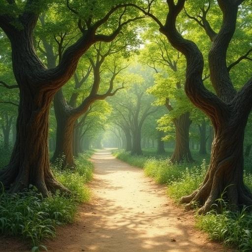 Scenic woodland pathway surrounded by twisted trees. Rich green leaves overhead. Soft light filters through the canopy. Sandy path leads into the distance. Emphasis on tree bark texture and shadows. Enchanting and tranquil atmosphere invites exploration.