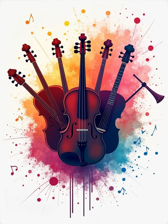 Vibrant explosion of musical elements centered in the image. Stylized musical instruments like a grand piano, violin, acoustic guitar, and trumpet mix harmoniously. Musical notes and colored ribbons emerge, symbolizing creativity. Illustrate movement and passion with a dynamic upward composition. High-definition digital illustration with warm illumination.