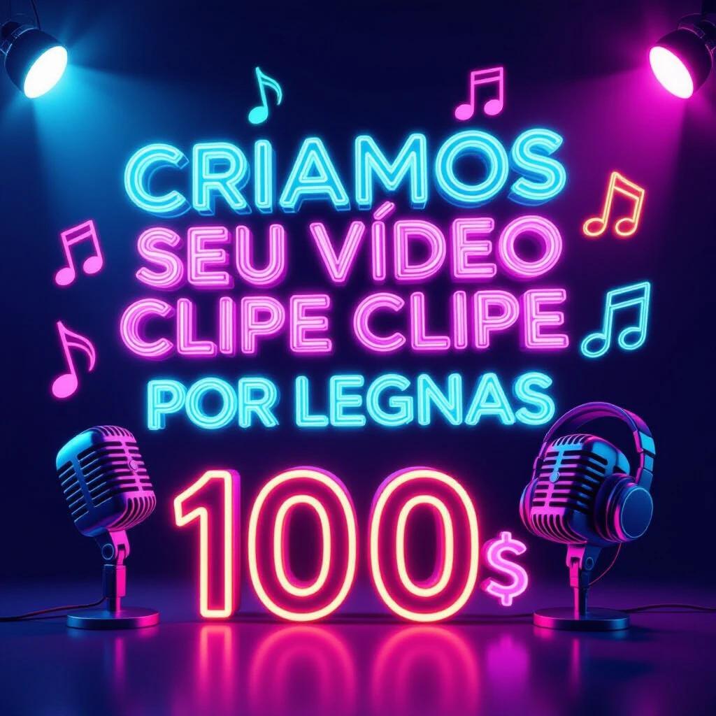 3D neon text highlights video production services with Brazilian currency. Designed for vibrant advertising. Displays microphones and headphones with glowing effects.