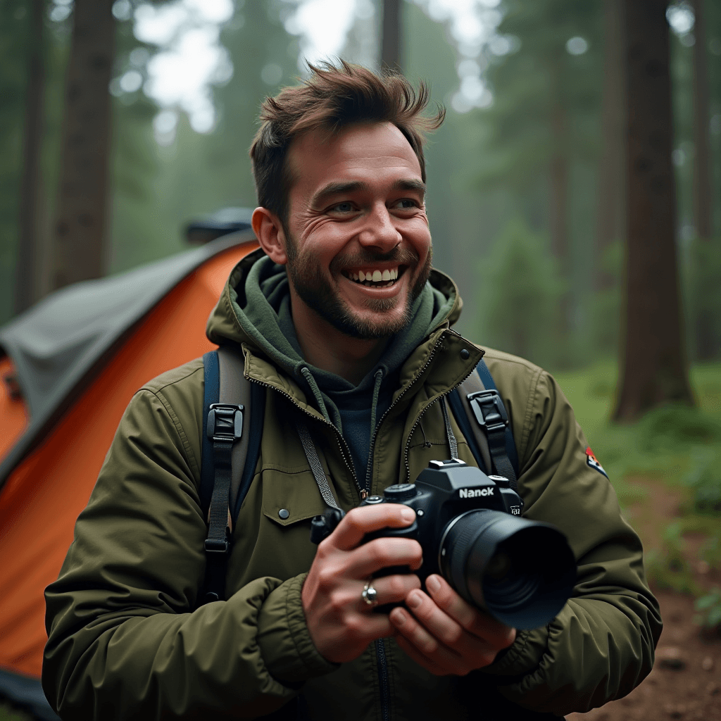 A smiling person in a green jacket holding a camera stands in a forest near a tent.