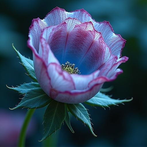 A close-up view of a flower inside a rose shell with blue hues. The petals are delicate with a hint of purple. The setting is calm with blurred green background.