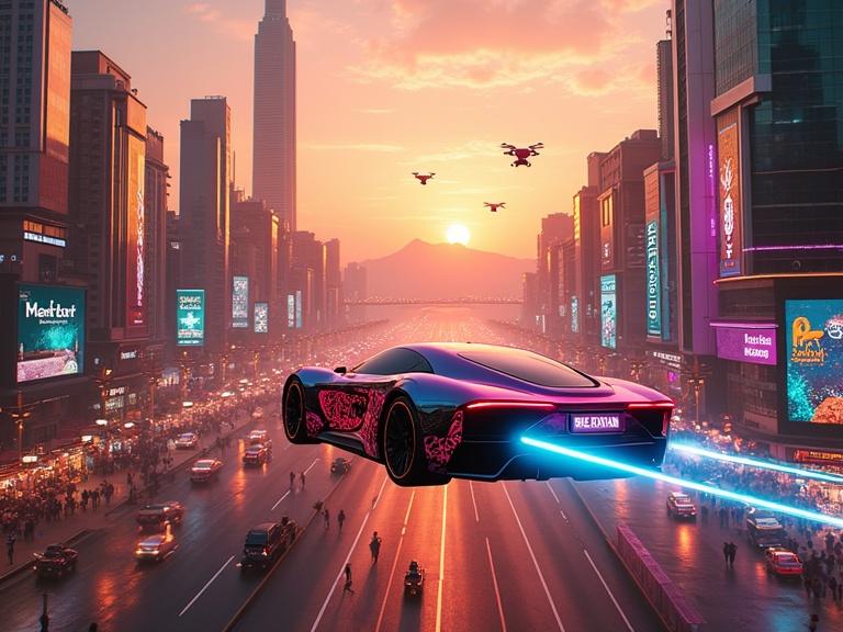 A vibrant futuristic scene in Tehran with flying cars dynamic in the sky. Sunset creates a warm backdrop. Neon lights and Persian designs on cars. Holographic ads in Farsi. Busy markets filled with colorful stalls and performers in modern-traditional attire. Milad Tower contrasts against Alborz Mountains bathed in golden twilight. Add floating lanterns and Homa-shaped drones. Include Nowruz-inspired fireworks. Use dramatic angles to show speed. Reflective glass skyscrapers enhance the electric color palette.