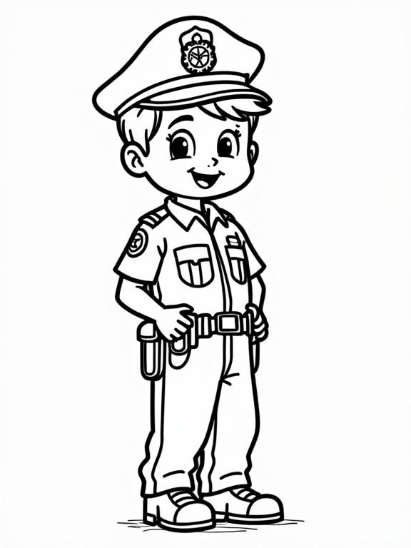 Draw a child-friendly police officer to color with simple lines and smiling face
