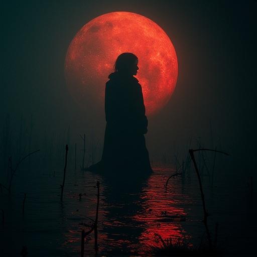 Dark album cover featuring a silhouetted figure against a large red moon. The setting is a dark, watery landscape with reflections.