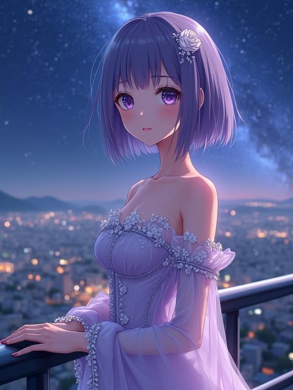 Anime lady facing viewer with calm intelligent expression. Straight violet hair bob cut. Delicate white rose hairpin and dangling earrings. Elegant off-shoulder lavender evening gown with floral embroidery. Semi-transparent sections around collarbone. Standing by railing at nighttime overlook. Starry sky and city lights background.