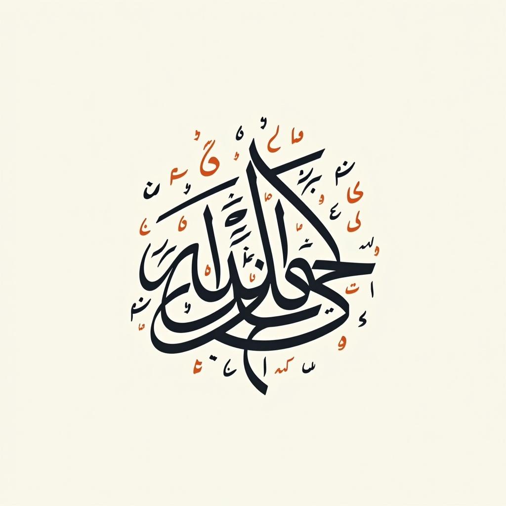 This image features intricate Arabic calligraphy representing the word 'الريحان'. The calligraphy is rendered in a Diwani style, which is characterized by its fluid and ornate curves. The dominant colors are black and orange against a soft beige background. This piece could be used for art prints or as part of decorative items. It emphasizes the elegance of Arabic script and is a beautiful representation of cultural heritage.