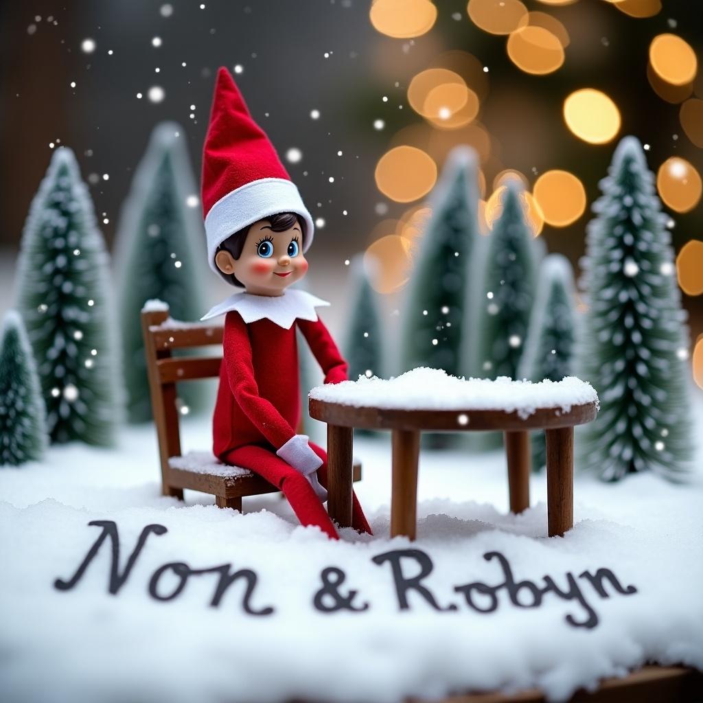 An Elf on the Shelf is sitting at a small table covered in snow. In the background, there are small evergreen trees lightly dusted with snow and twinkling lights, creating a magical winter atmosphere. The elf is dressed in a classic red and white outfit, embodying the spirit of Christmas. Snowflakes gently fall around, enhancing the festive scene. Written in the snow is Noní & Robyn.