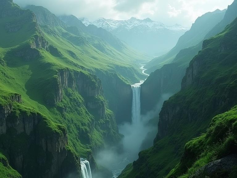 Fantasy landscape featuring realistic rich green mountains with snow at the top. Deep gorge with waterfalls cascading into the gorge. Atmosphere filled with layers of features and depth.