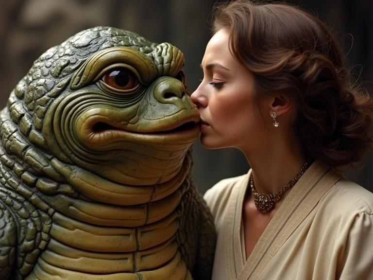 Close-up scene with woman kissing green creature. Woman wears elegant attire. Creature has distinct features. Warm lighting enhances expression.