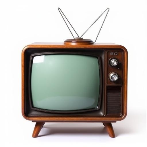 Television set from 1950s. Wooden exterior. Cathode ray tube display. Antenna on the top. Isolated on white background. Evokes nostalgia.
