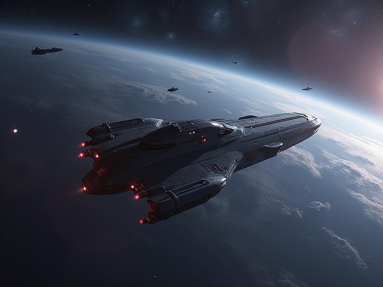 Photo realistic space scene featuring multiple spaceships in orbit around a planet. The atmosphere showcases stars and a distant galaxy. Spaceship details highlighted with lights.