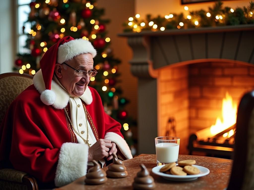 The image depicts a festive scene with a man dressed in a Santa suit sitting by a crackling fireplace. He's smiling and looking at a table with a plate of cookies and a glass of milk. A beautifully decorated Christmas tree, adorned with lights and ornaments, is visible in the background, adding to the warm and cozy atmosphere.