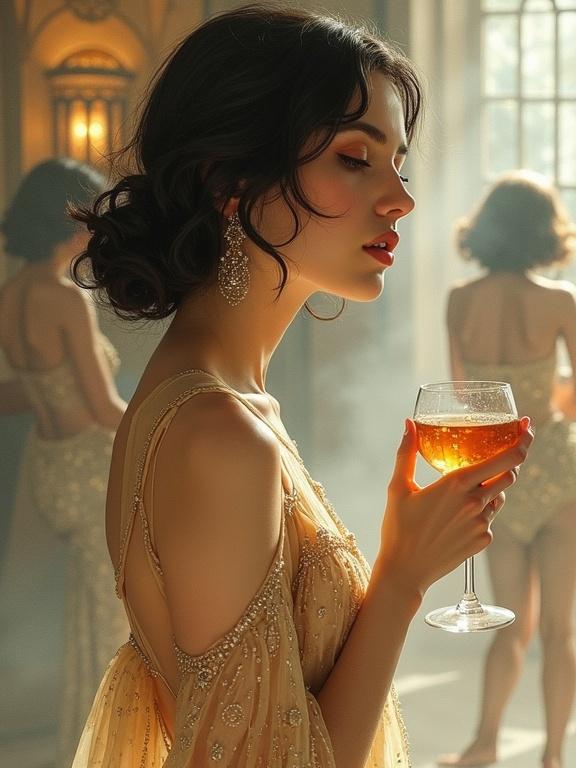 A scene inspired by the 1920s speakeasy aesthetic. A young woman stands gracefully in a champagne-colored silk flapper dress. She has dark wavy hair and a melancholic expression while holding a glass of amber liquid. In the hazy background, nude figures dance in a dreamy atmosphere. The lighting is soft, and the color palette features muted golds, deep ambers, and soft blues. The style merges Art Deco and impressionistic watercolor techniques, evoking a romantic and wistful mood.