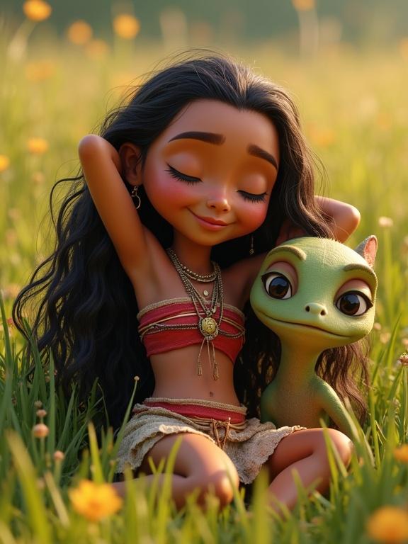 Cute cartoon character in summer meadow. Hyperrealistic image. Tribal young character with long hair. Alien monster beside her. Friendship theme. Happy and relaxed atmosphere.