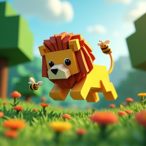Minecraft style render featuring a cute fluffy lion jumping in a bright green forest filled with colorful flowers and cuboid bees flying around.