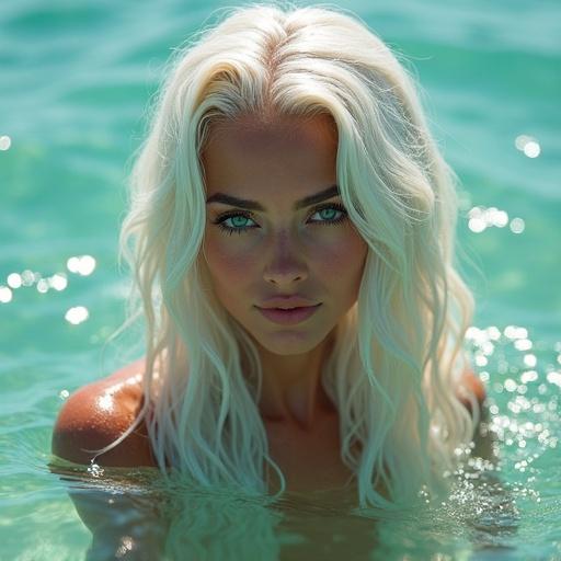 Close-up photo of a woman with white hair and green eyes in the Pacific Ocean. She is partially submerged in water, capturing a tranquil and beautiful moment with detailed features. The lighting creates a soft, ethereal glow.