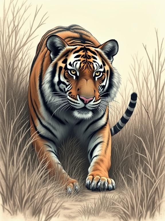 Illustration shows a tiger hiding and waiting in bushes. Tiger prepares to ambush its prey. Background features tall grass and natural habitat elements.